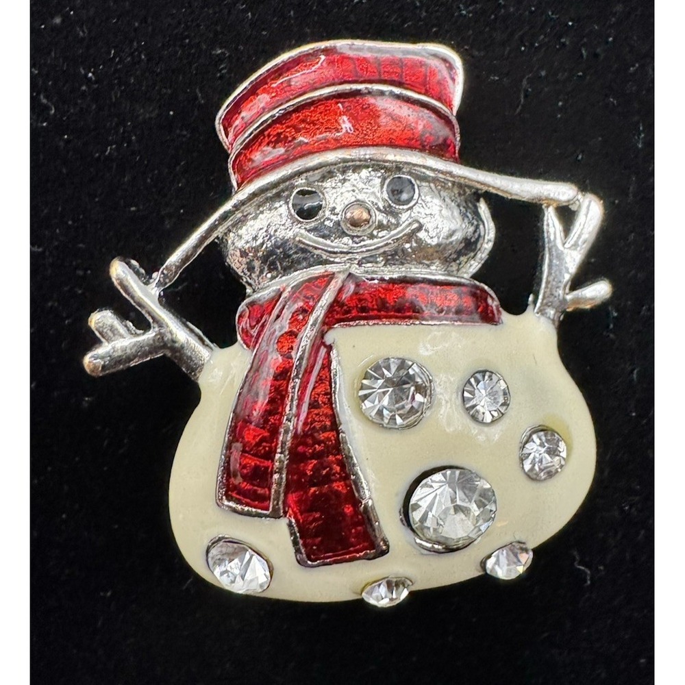 Vintage Enamel Snowman‎ Brooch Rhinestone Holiday Christmas Figural Pin